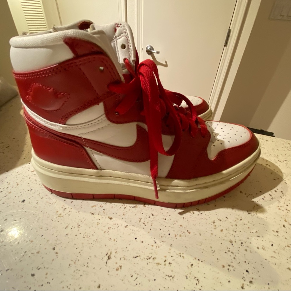 Red and White High-Top Sneakers - Picture 2 of 5